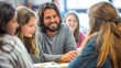 Jesus joins a group of students in a lively classroom discussion, sharing knowledge and inspiring young minds with thought-provoking insights and wisdom