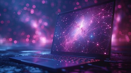 Wall Mural - Computers themes with low-poly starry sky and cosmos style. Tech-related and devices concept. Abstract modern computerization theme in blue color. Devices polygonal theme.