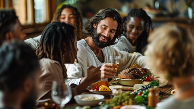 Jesus sharing a meal with people from diverse backgrounds, breaking bread together in a gesture of unity, love, and fellowship 02