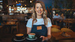 Portrait of a happy waitress working at a restaurant and looking at the camera smiling. I Love My Job! Waitress is laughing and enjoying being at work, while she is holding coffee 