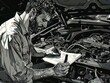 Mechanics scrutiny, pen on report, under hood focus