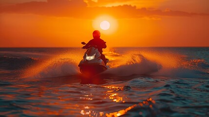 Solitary jet ski adventure in vibrant ocean hues at golden hour