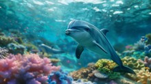 Portrait Of A Dolphin In The Ocean With A Colorful Marine World