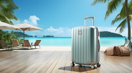 Travel luggage blue suitcase on summer background	
