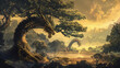 Wood dragon fantasy landscape digital illustration
