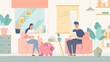 An example of a couple planning a family budget with a piggy bank, holding coins and financial bills and planning to save money. This modern illustration shows a couple in their living room and