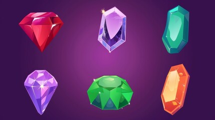 Wall Mural - Diamond, ruby, amethyst, emerald and amethyst gemstone symbols isolated on a white background. Set of shiny gems.