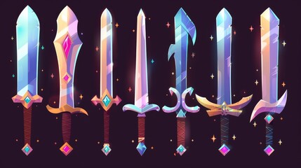 Wall Mural - Modern cartoon set of fantasy metal weapons, longswords and blades with gems on black background. Swords, hatchets, knives for game interface.