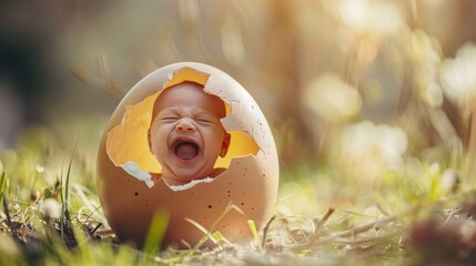 A smiling human baby emerges from a newly hatched egg 06