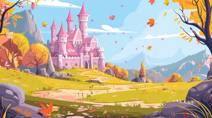 Wall Mural - Castle in mountain valley with pink fairy tale towers, green grass, falling leaves,, and rocks on horizon. Modern cartoon illustration of fall landscape with fantasy royal palace.