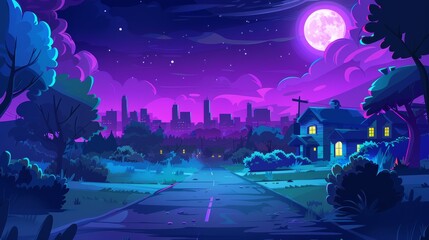 Wall Mural - An illustration of a suburban street with buildings on the horizon at night. Summer landscape of a village with cottages, roads, bushes, trees and a full moon in the dark sky, modern illustration.