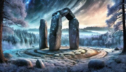 Wall Mural - A cold landscape. Frost on the ground. An ancient henge with a circle of tall stones in a clearing, surrounded by forest. Hills in the background. AI Generated