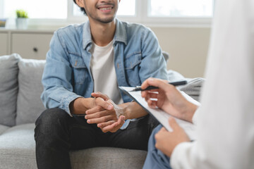 Wall Mural - mental health care therapy concept, psychologist counseling to anxiety patient and giving guidance mental therapy care to cure mental health.