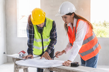 Wall Mural - Concept Teamwork of building construction staff. Project engineer contractor reviewing plan of work with foreman and worker at construction site.