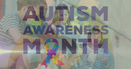 Canvas Print - Image of autism awareness month text over diverse schoolchildren