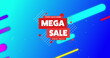 Image of mega sale text over lines on blue background