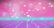 Digital image of heart shapes falling on grid pattern against pink and blue background