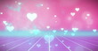 Digital image of heart shapes falling on grid pattern against pink and blue background