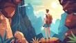 An aspiring traveler stands in a rock grotto, looking for a new place, searching for the right path. Cartoon illustration of an extreme adventurer. Hiking travel travel extreme modern illustration.