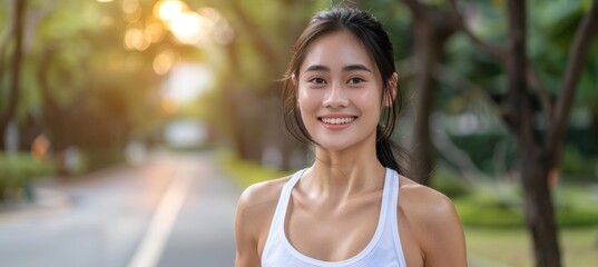 Wall Mural - Energetic asian woman engaging in running and jogging for fitness and well being