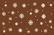 White snowflakes on a brown background, a flat vector illustration in the simple minimalist style of a cute cartoon design with simple shapes