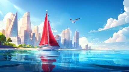 A cartoon boat sailing on a clear blue water surface. A bird flying high in the sky with fluffy clouds in the background. An urban canal recreation voyage.