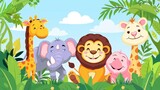 Fototapeta Pokój dzieciecy - This cartoon modern illustration shows happy monkey, lion, rhino and giraffe welcoming guests to a zoo. Safari animals observation is a good theme for family leisure sites.