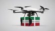 A drone carrying a box with the Kuwait flag, symbolizing the future of e-commerce and logistics