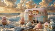 Summer dessert caravan amidst a surreal seaside with confections