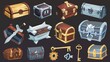In this game reward you will find evolutions of rare treasure chests and keys, wooden, iron, silver and gold trophy trunks and skeleton keys, level bonuses, pirate loot, fantasy assets assets,
