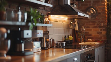 Unfocused sight of a modern kitchen area, with high-end appliances and minimalist decor 04