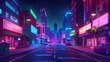 Night city street with green neon illumination and signboards, view of glow buildings in darkness. Urban architecture, megalopolis infrastructure in the darkness, cartoon modern illustration.
