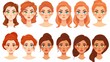 Set of modern cartoon images of woman faces with different hairstyles, blue, brown and green eyes, noses, brows, browlines and lips. These are all isolated on white backgrounds.