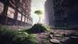 Fantasy landscape with tree in the middle of the city. 3D rendering