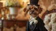 Lifelike image featuring a canine adorned in groom attire, complete with a tuxedo, top hat, and boutonniere, set against a backdrop of elegant decor and soft lighting
