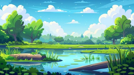 Wall Mural - Fields, river coasts and clouds in the sky in a summer landscape with green trees, grass, flowers, bushes and a pond. Modern cartoon illustration of a nature scene with a lake.