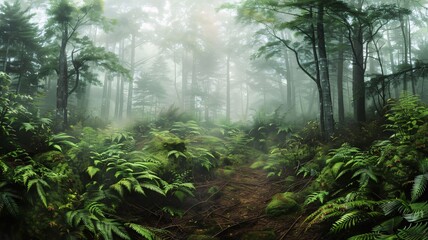  Mysterious forest with fog and sunlight. Fantasy forest with ferns