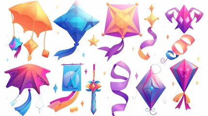 Wall Mural - The silhouettes of the colorful kites in different shapes with abstract patterns and ribbons are isolated on a white background. This modern cartoon illustration represents a bird flying on a windy