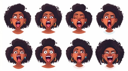 Wall Mural - Modern cartoon illustration of female teen face elements with different emotions, sound pronunciations of African American girl mouth animated on white background.