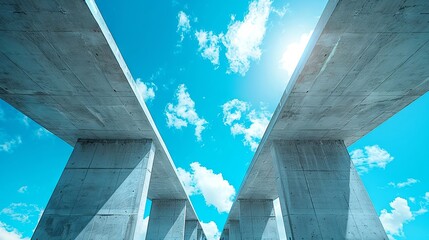 Cerulean sky backdrop with unfinished concrete bridge pillars