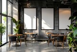 Fototapeta Tematy - Mockup of blank frame in loft coffee shop interior, industrial style interior of cafe - grunge textured walls, houseplants and wooden tables, minimalistic design, AI generated