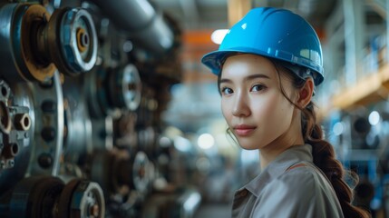 Portrait of smart women worker Asian race with protective safety suit standing on factory background