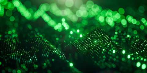 Green digital waves with bright particles, representing data flow or network in a cyberspace, ideal for technology-themed backgrounds or wallpapers. 