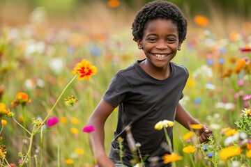 A joyful boy playing in a colorful flower field.