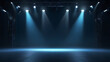 © Mouly - 3D render of a stage podium scene for an award ceremony against a blue background. Empty stage in a modern environment with blue backdrop lighting. | Generative AI
