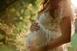 Close-up of a pregnant woman's profile, serene expression, soft lighting, hands on her belly 02
