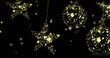 Image of dots floating over golden stars and baubles on black background