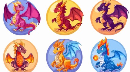 Wall Mural - Mythical creature clipart collection featuring dragon and griffin cartoon icons. Illustration of a gyphon beast character on round background. Medieval fantasy animal with claw for profile avatar.