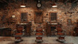 Vintage barber chairs set in a rustic brick-walled shop