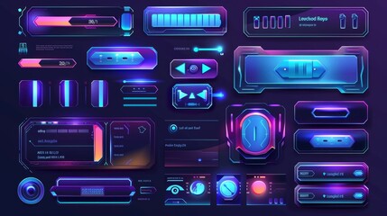 Wall Mural - Illustration of UI overlay info boxes, panel buttons. Futuristic leaderboard window, start, end of stream. 3D illustration.